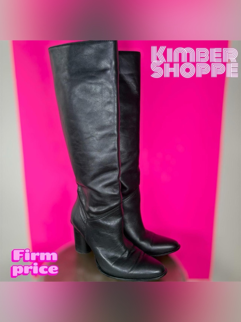 Zara Black Leather Knee-High Pull-On Block Heel Boot US 37 US 6.5